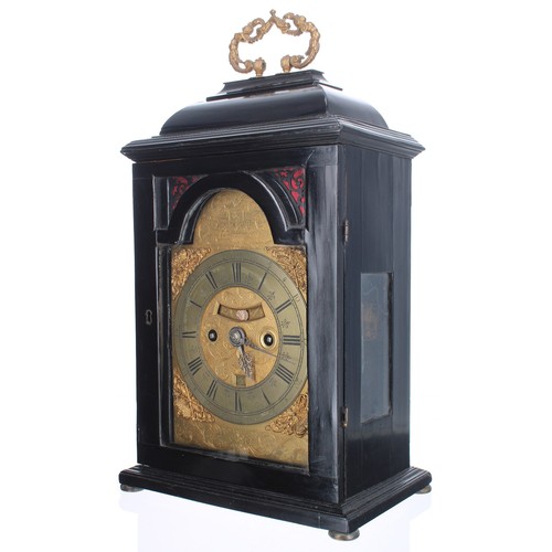 1411 - Good English ebonised double fusee bracket clock and bracket, the 6.5