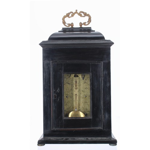 1411 - Good English ebonised double fusee bracket clock and bracket, the 6.5