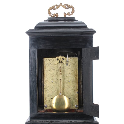 1411 - Good English ebonised double fusee bracket clock and bracket, the 6.5