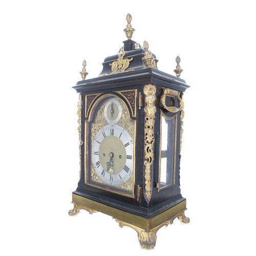 1421 - Fine English ebonised and brass mounted double fusee original verge bracket clock, the 7