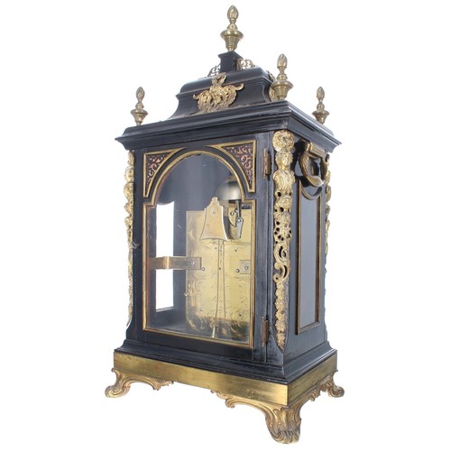 1421 - Fine English ebonised and brass mounted double fusee original verge bracket clock, the 7