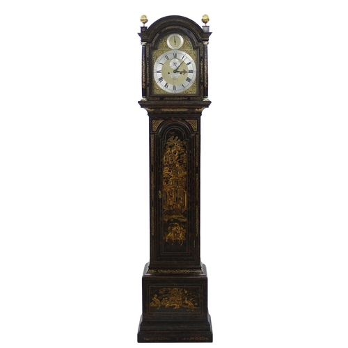 1824 - Black lacquered and chinoiserie decorated eight day longcase clock with five pillar movement, the 12... 