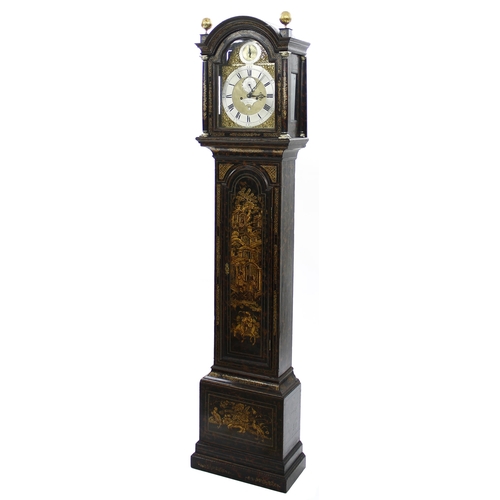 1824 - Black lacquered and chinoiserie decorated eight day longcase clock with five pillar movement, the 12... 