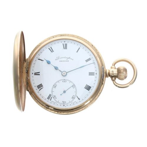 333 - Bravingtons Renown 9ct half hunter lever pocket watch, Birmingham 1941, signed Swiss 17 jewel lever ... 