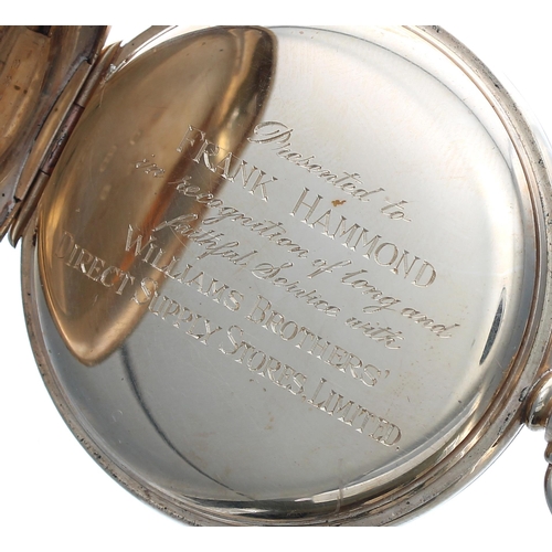 333 - Bravingtons Renown 9ct half hunter lever pocket watch, Birmingham 1941, signed Swiss 17 jewel lever ... 