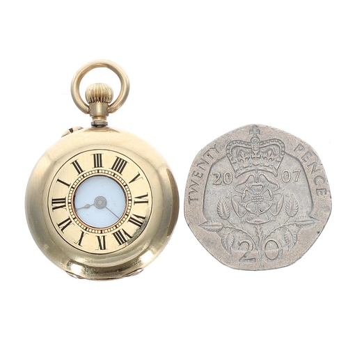 336 - Rare miniature gold half hunter cylinder fob watch, gilt bar movement, enamel dial with Roman numera... 