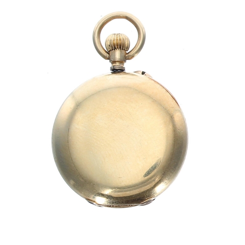 336 - Rare miniature gold half hunter cylinder fob watch, gilt bar movement, enamel dial with Roman numera... 