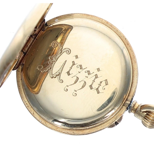 336 - Rare miniature gold half hunter cylinder fob watch, gilt bar movement, enamel dial with Roman numera... 