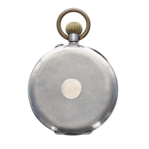 356 - Swiss silver (0.935) calendar moon phase lever pocket watch, frosted bar movement, hinged cuvette, t... 