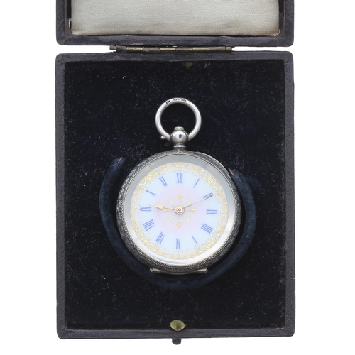 365 - Silver (0.935) cylinder engraved fob watch, gilt frosted bar movement, hinged cuvette, decorated ena... 