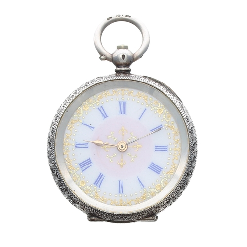 365 - Silver (0.935) cylinder engraved fob watch, gilt frosted bar movement, hinged cuvette, decorated ena... 