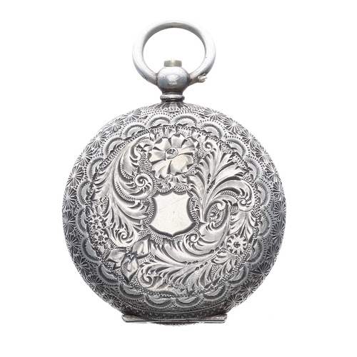 365 - Silver (0.935) cylinder engraved fob watch, gilt frosted bar movement, hinged cuvette, decorated ena... 