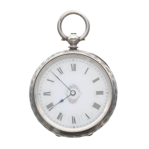 367 - Silver cylinder engraved fob watch, Birmingham 1886, gilt frosted bar movement with gilt balance and... 