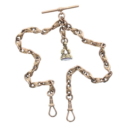 381 - Good 9ct double watch Albert chain, with two 9ct clasps, 9ct T-bar and fob, 46gm in total, 15'' long... 