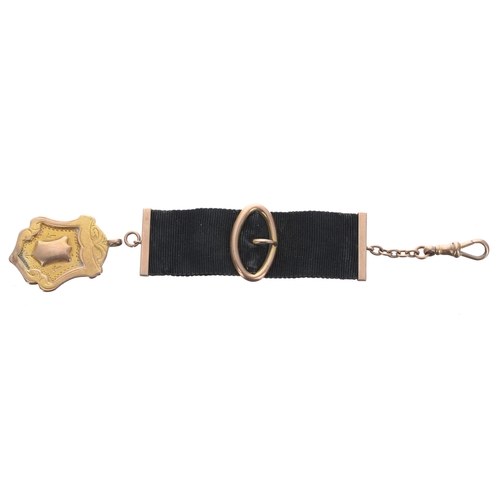 406 - 9ct medallion fob, 7.4gm; with a ribbon fob, with buckle, 9ct mounts and a 9ct clasp (2)... 