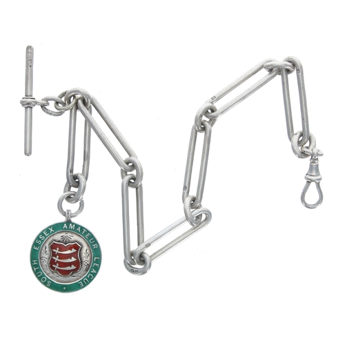 382 - Silver Figaro link watch Albert chain, with silver T-bar, swivel clasp and silver 'South Essex Amate... 