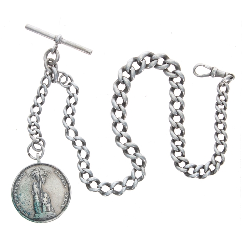 383 - Silver graduated curb watch Albert chain, with silver T-bar and clasp and an Army Temperance Associa... 