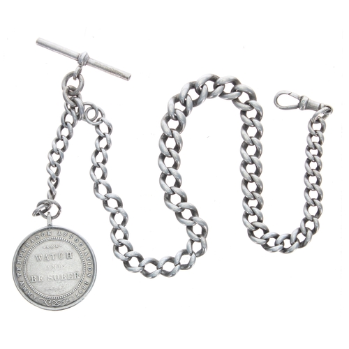 383 - Silver graduated curb watch Albert chain, with silver T-bar and clasp and an Army Temperance Associa... 