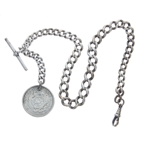 384 - Silver graduated curb watch Albert chain, with silver T-bar and clasp and South African Republic 189... 