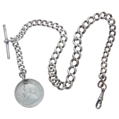 384 - Silver graduated curb watch Albert chain, with silver T-bar and clasp and South African Republic 189... 