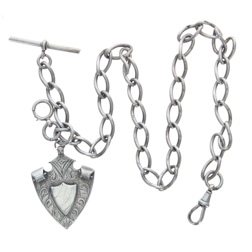 385 - Silver link Albert chain with silver T-bar and clasp and silver shield medallion fob, 56.9gm, 18'' l... 