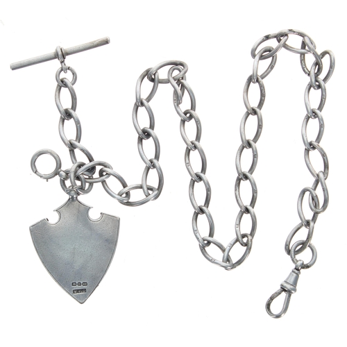 385 - Silver link Albert chain with silver T-bar and clasp and silver shield medallion fob, 56.9gm, 18'' l... 