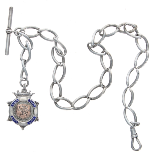 386 - White metal link watch chain with silver T-bar and clasp and silver medallion fob, engraved verso 'L... 