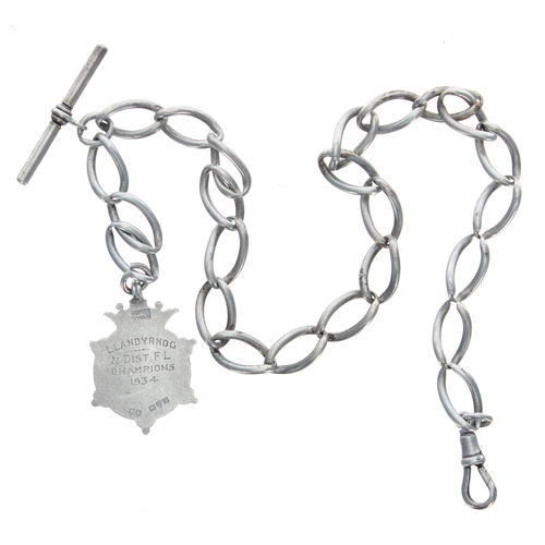 386 - White metal link watch chain with silver T-bar and clasp and silver medallion fob, engraved verso 'L... 