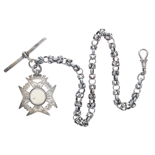 389 - Fancy white metal watch chain with swivel clasp, silver T-bar and silver fob, 14'' long approx... 