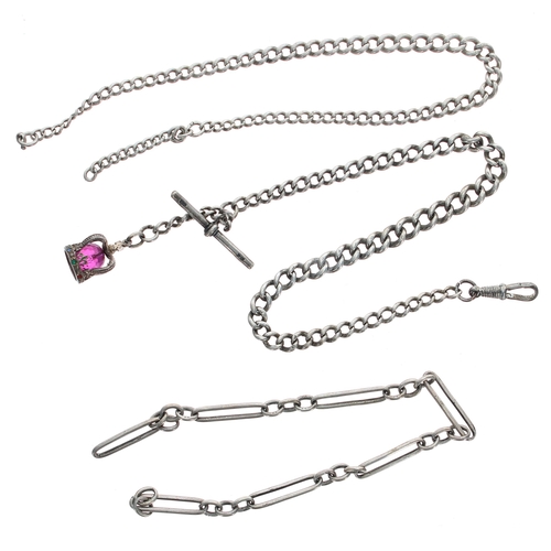 395 - Silver graduated curb watch Albert chain, 19.1gm, 12.75'' long approx; together with a silver Figaro... 