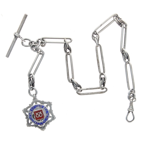 391 - Silver Figaro link watch Albert chain with silver clasp, T-bar and silver 'Uttoxeter & Dist. Lea... 