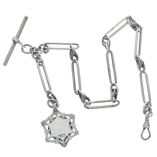 391 - Silver Figaro link watch Albert chain with silver clasp, T-bar and silver 'Uttoxeter & Dist. Lea... 