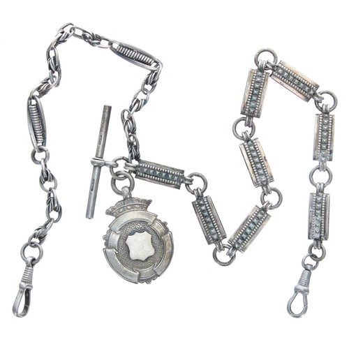 393 - Fancy silver watch Albert chain with two clasps, silver T-bar and silver medallion fob, 45.2gm, 18.5... 