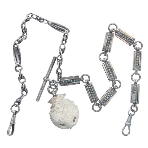 393 - Fancy silver watch Albert chain with two clasps, silver T-bar and silver medallion fob, 45.2gm, 18.5... 