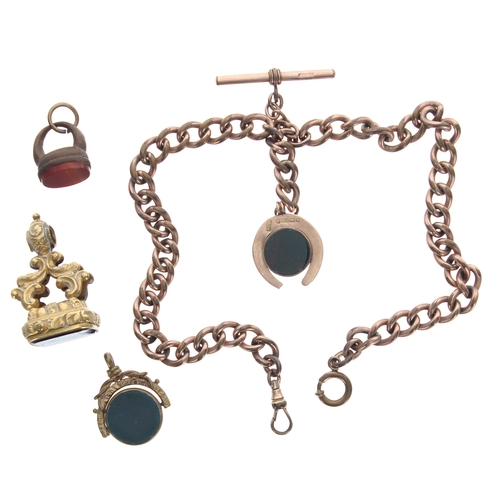 399 - Gold plated curb watch Albert chain with T-bar, swivel clasp and loop and a 9ct bloodstone horseshoe... 