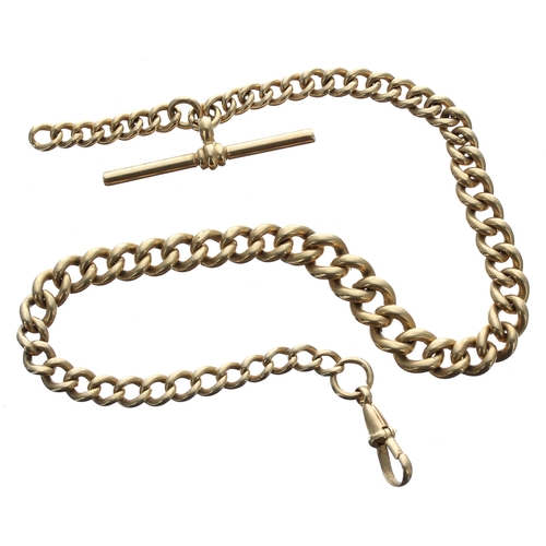 397 - Heavily gold plated curb link watch Albert chain with T-bar and clasp, 30.4gm, 12'' long approx... 