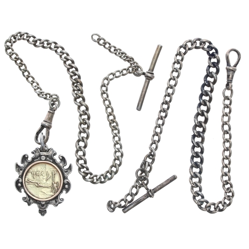 402 - Silver graduated curb watch Albert chain, with silver T-bar, silver clasp and silver fob with gilt c... 