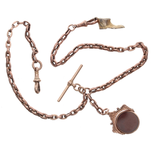 388 - Rose gold plated double watch Albert chain, with a 9ct T-bar, two 9ct swivel clasps, 9ct bloodstone ... 