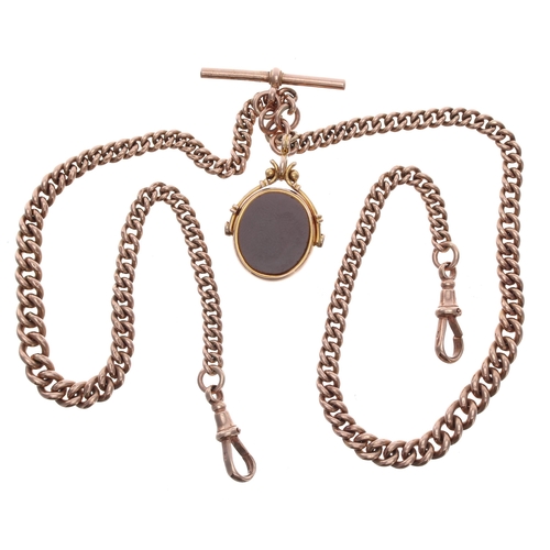 396 - Good 9ct graduated curb double watch Albert chain, with two 9ct clasps, 9ct T-bar and a 15ct bloodst... 