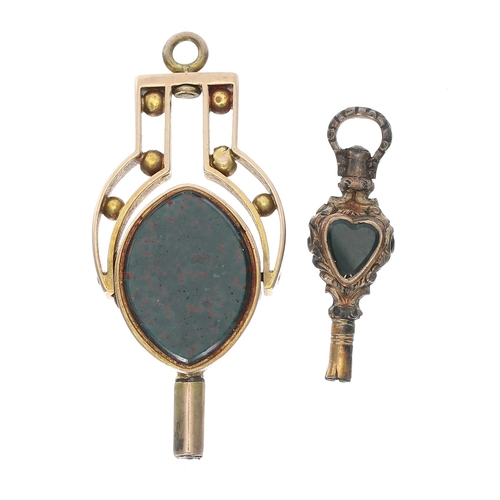 411 - Antique gold swivel pocket watch key fob, set with bloodstone and hardstone; together with an engrav... 