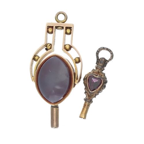 411 - Antique gold swivel pocket watch key fob, set with bloodstone and hardstone; together with an engrav... 