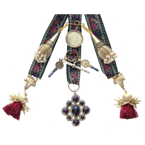 405 - Attractive floral four strand embroidered ribbon chatelaine, with four gilded fobs, cabouchon garnet... 