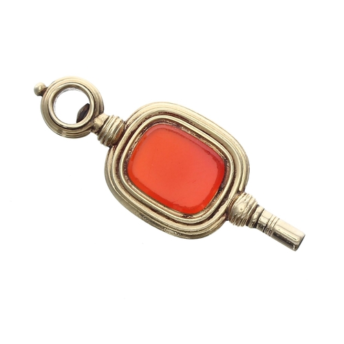 412 - Antique gold carnelian set swivel pocket watch key, with a steel lined barrel, 8.5gm, 42mm long... 