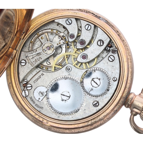 518 - Swiss gold plated lever hunter pocket watch, 15 jewel movement, hinged cuvette, within a plain Star ... 