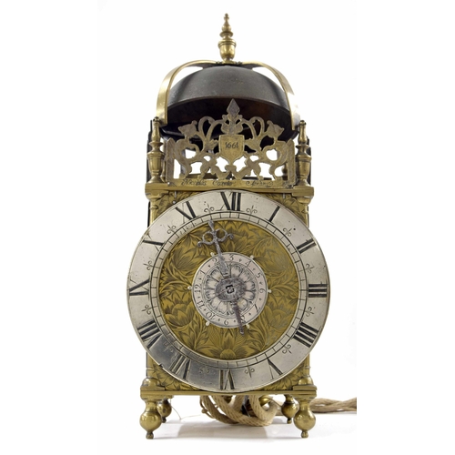 1407 - Interesting English brass second period verge hoop and spike lantern clock, signed Nicholas Coxeter ... 