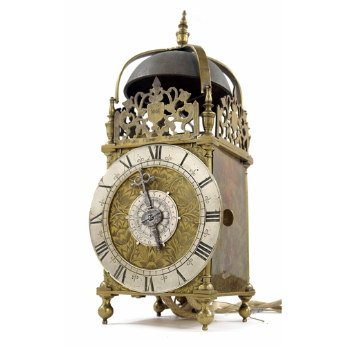 1407 - Interesting English brass second period verge hoop and spike lantern clock, signed Nicholas Coxeter ... 