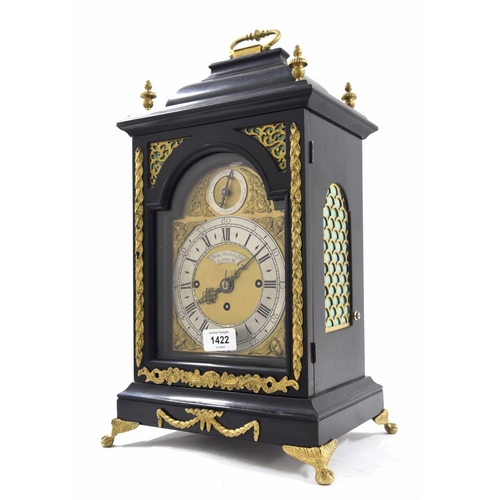 1422 - English ebonised triple fusee bracket clock of small size, the 5.5