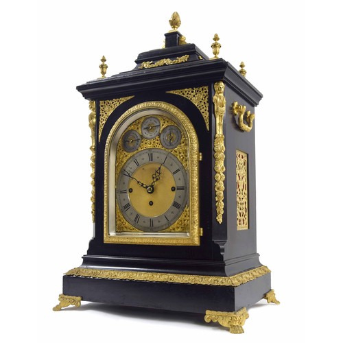 1392 - Good English ebonised and ormolu mounted triple fusee boardroom clock, the substantial movement play... 