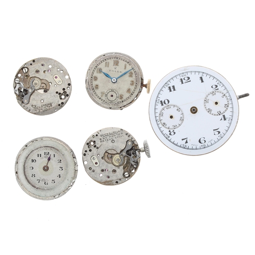 559 - Single button Valjoux chronograph movement signed Rolex, white enamel dial, 30mm; with four other Ro... 