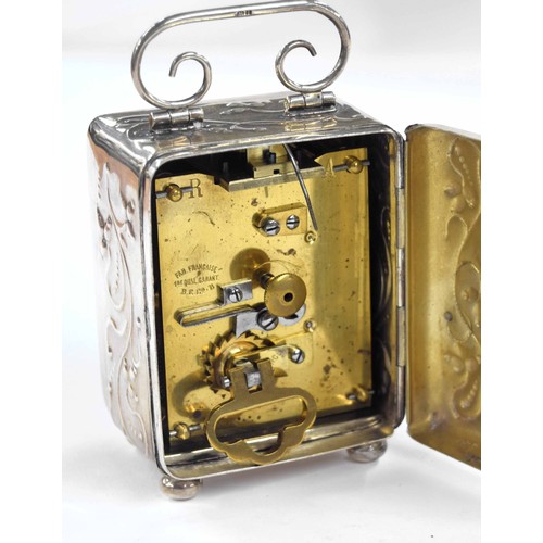 1303 - Edwardian miniature silver cased carriage clock timepiece, the French movement with fixed key wind, ... 